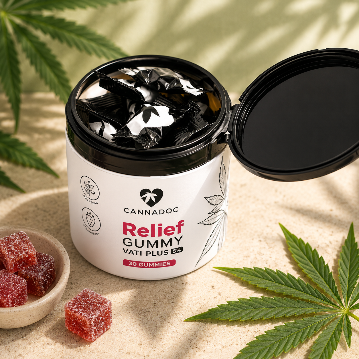 Go with the Flow+ Open Jar - Cannadoc Relief Gummy VATI PLUS 5% Strawberry Vegan